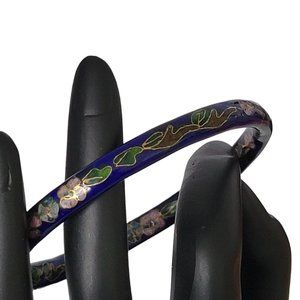 Purple Cloisonne Enamel Round Bangle Bracelet Floral Small Flowers 7 3/4"